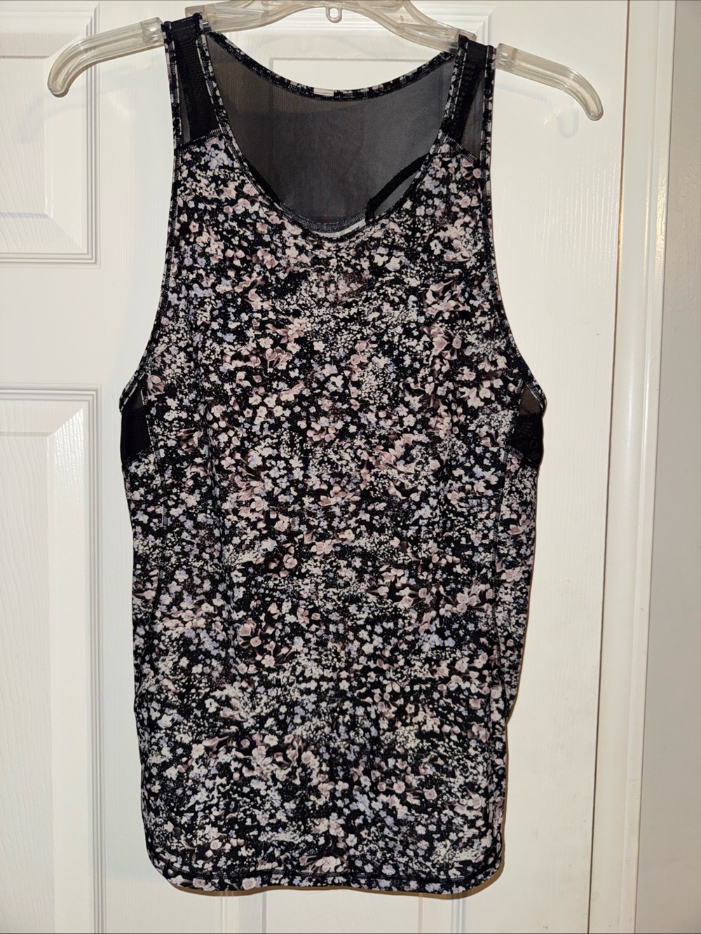 lululemon athletica Black Floral Tank Top with Light Pink and White Print